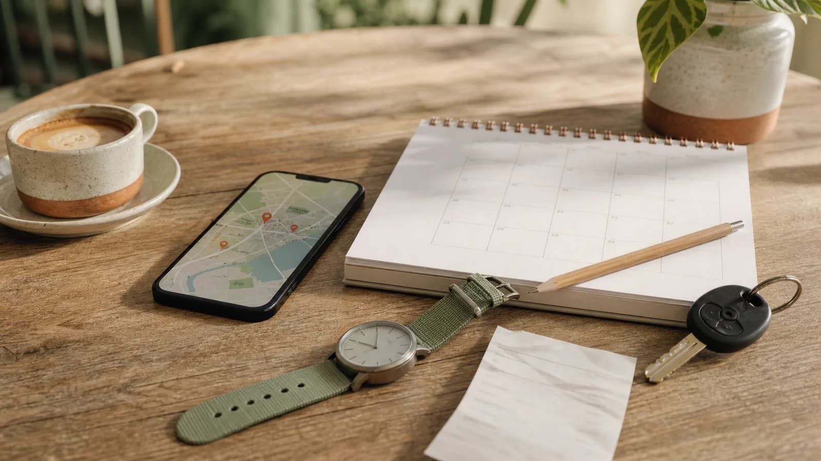 An original offer-verification scene with a blank receipt, calendar, map and watch