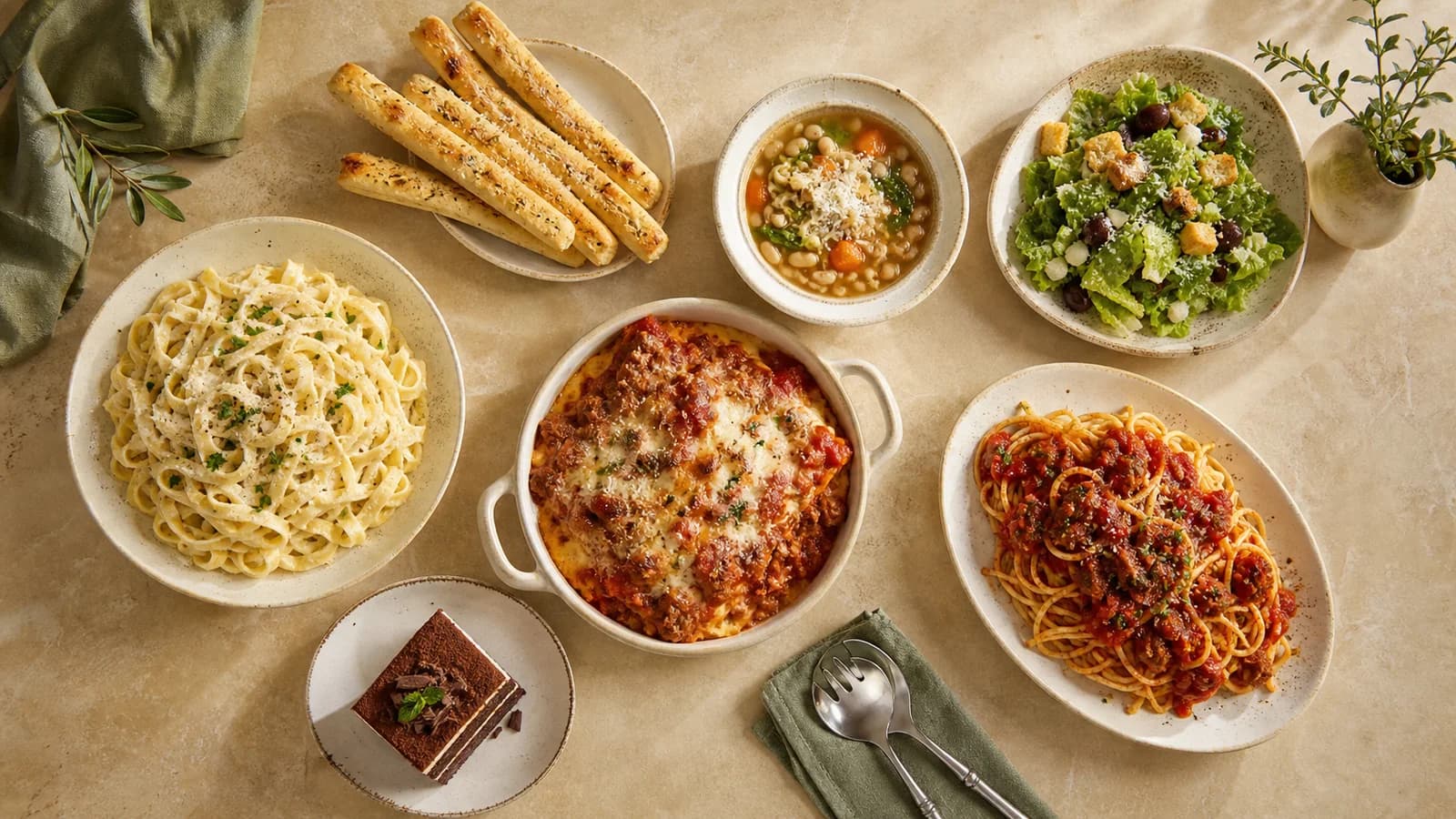 An original overhead editorial comparison of pasta, baked dishes, soup, salad, breadsticks and dessert