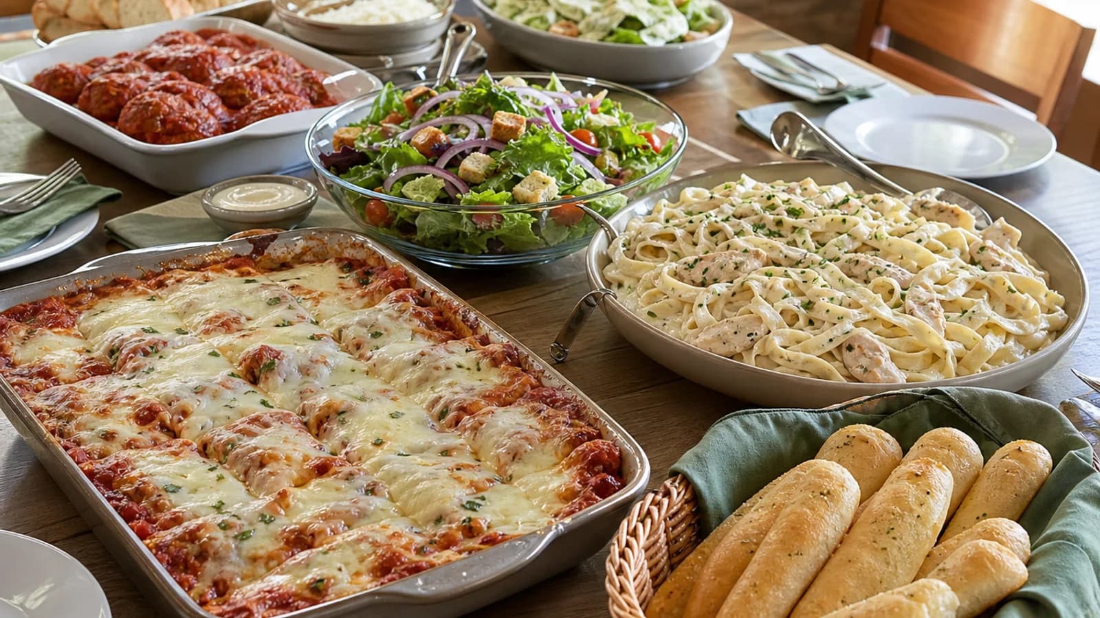 Family-style pasta trays arranged for a group meal