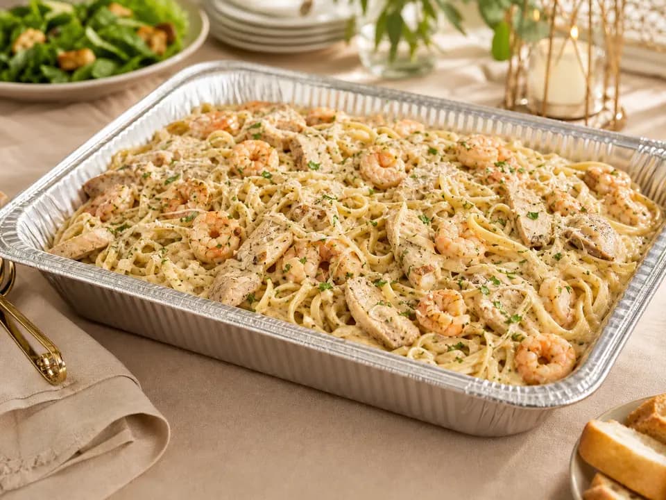 Chicken & Shrimp Carbonara (Serves 4–6) in the catering menu