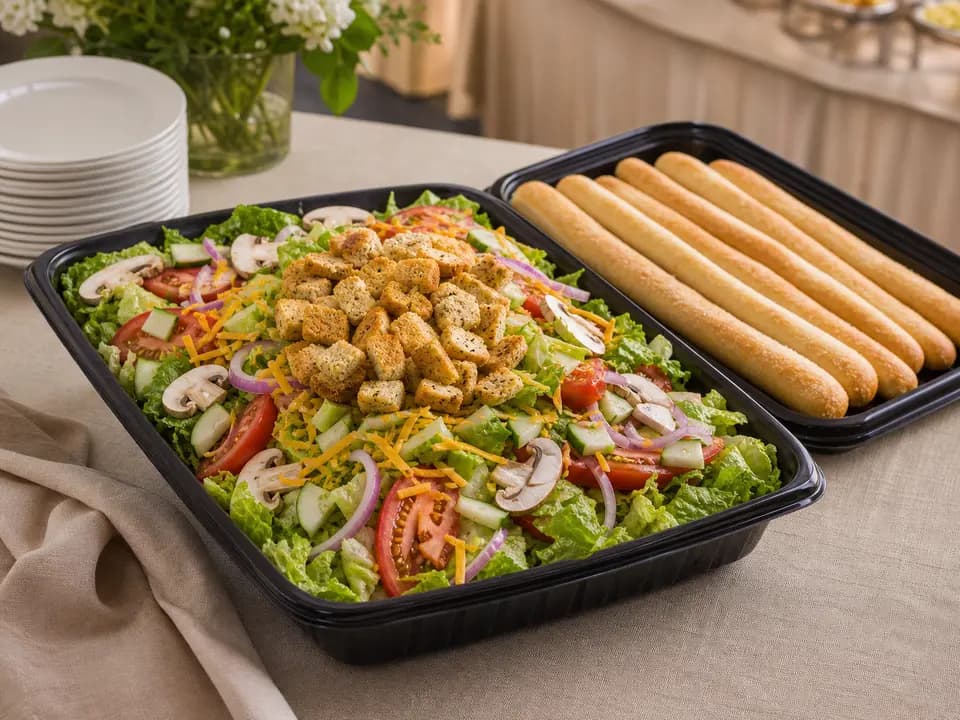 Famous Jumbo House Salad includes 12 Breadsticks (Serves 6) in the catering menu