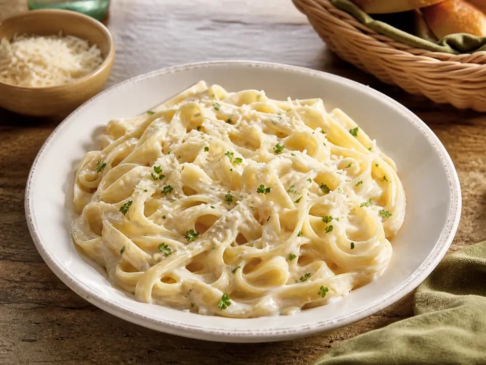 Fettuccine Alfredo (V) in the entrees menu