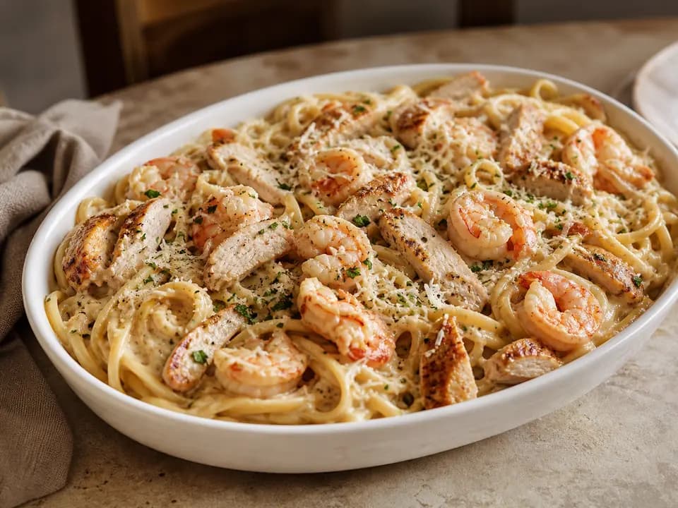 Chicken and Shrimp Carbonara (Serves 4–6) in the family style menu