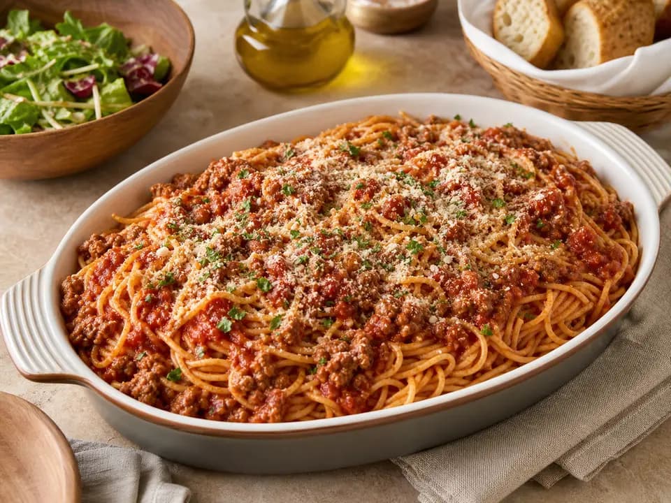 Spaghetti with Meat Sauce (Serves 4–6) in the family style menu