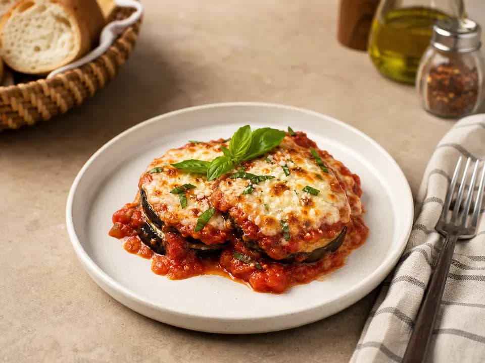 Eggplant Parmigiana (V) in the lunch menu