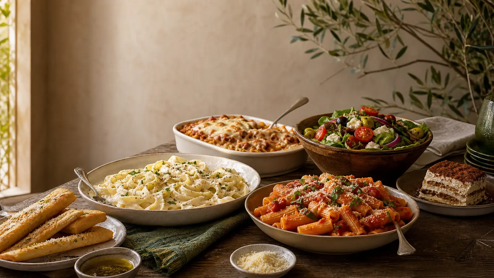 Pasta, baked ziti, salad, breadsticks and tiramisu arranged on a warm restaurant table